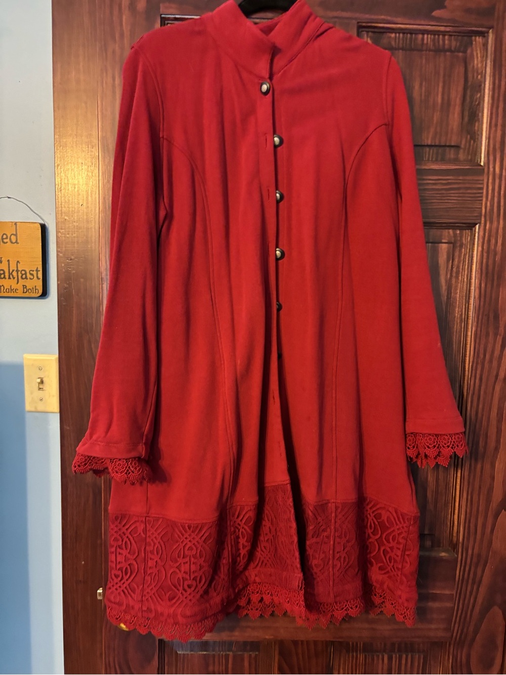 Coldwater Creek Red Long Coat with Lace Trim